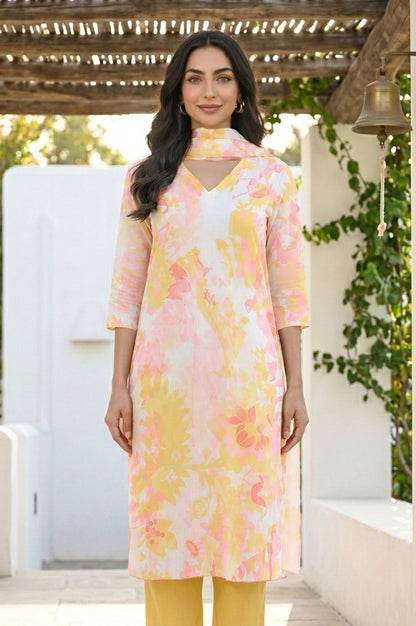 Multicolor Floral Printed Semi Sheer Dupatta