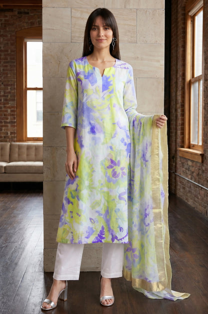 Multicolor Floral Printed Semi Sheer Dupatta