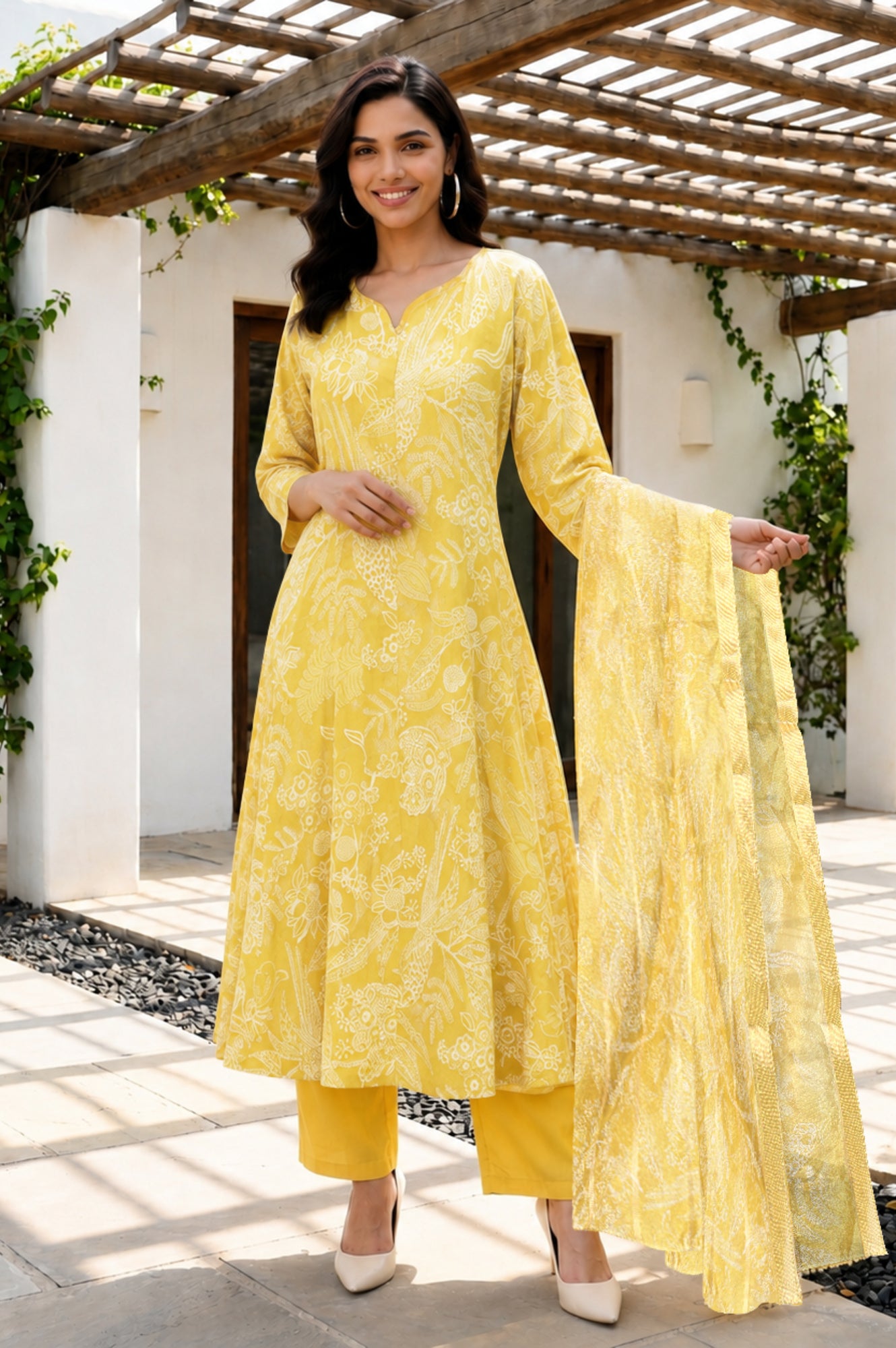 Yellow Floral Printed Semi Sheer Dupatta