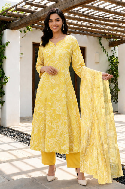 Yellow Floral Printed Semi Sheer Dupatta