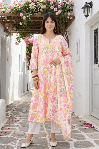 Off White Floral Printed Semi Sheer Dupatta
