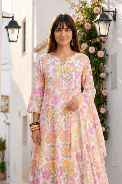 Off White Floral Printed Semi Sheer Dupatta