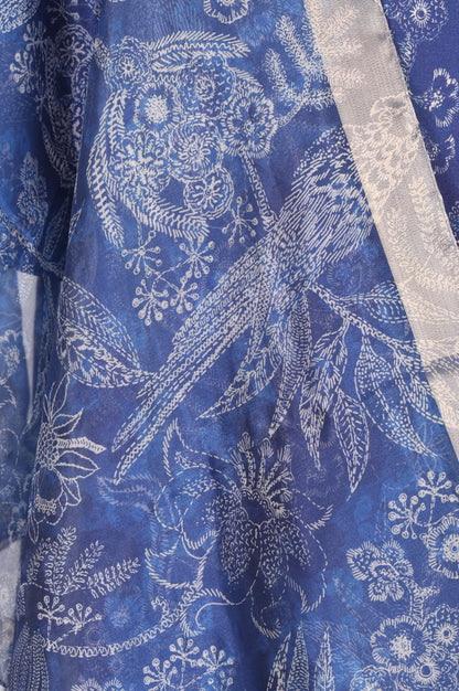 Blue Floral Printed Semi Sheer Dupatta