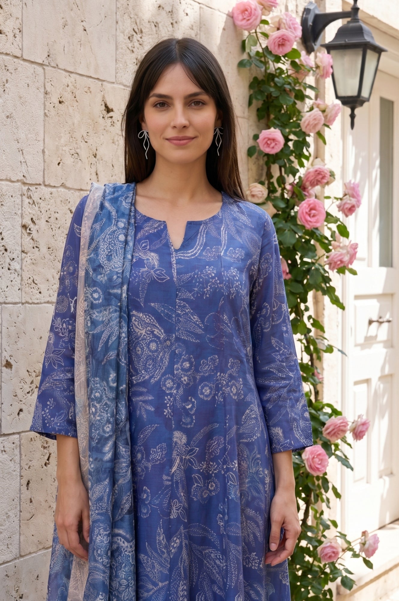 Blue Floral Printed Semi Sheer Dupatta