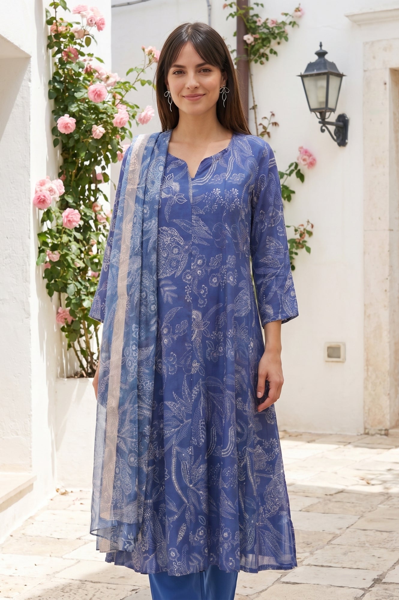 Blue Floral Printed Semi Sheer Dupatta