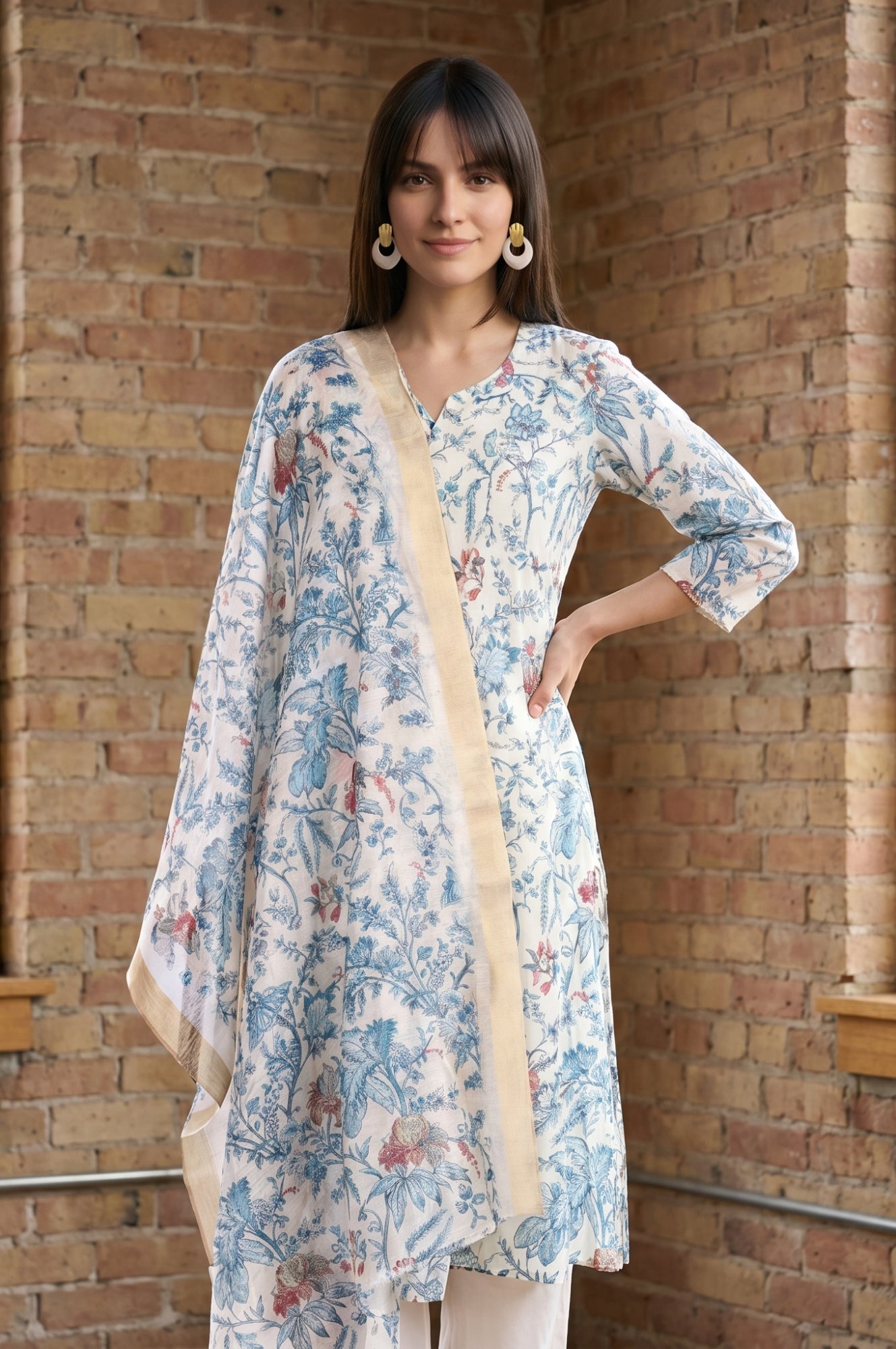 Off White Floral Printed Semi Sheer Dupatta