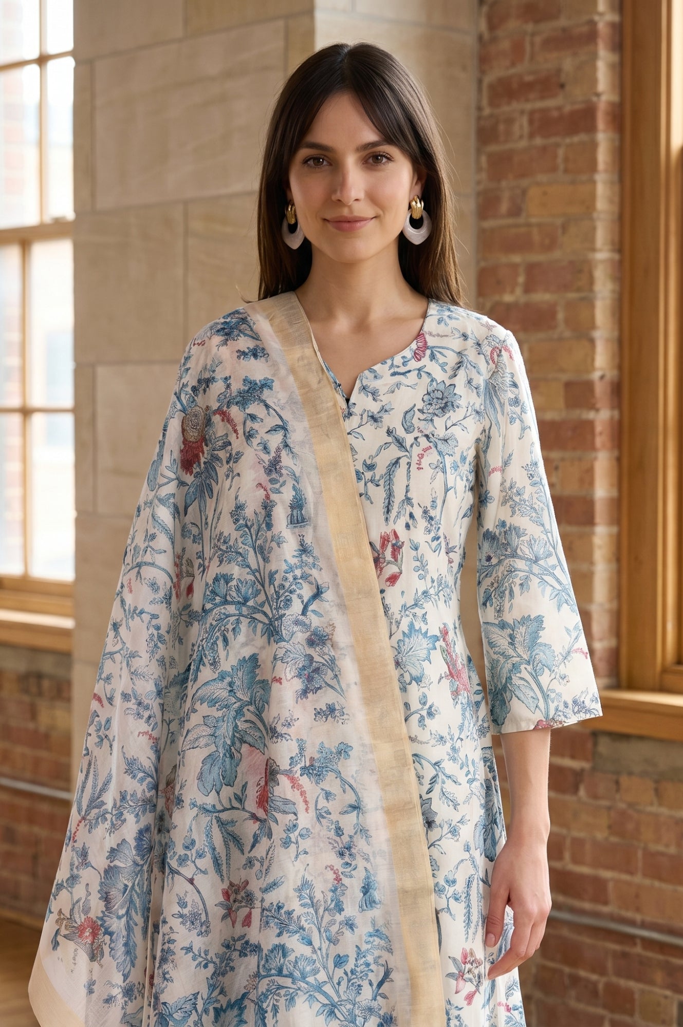 Off White Floral Printed Semi Sheer Dupatta