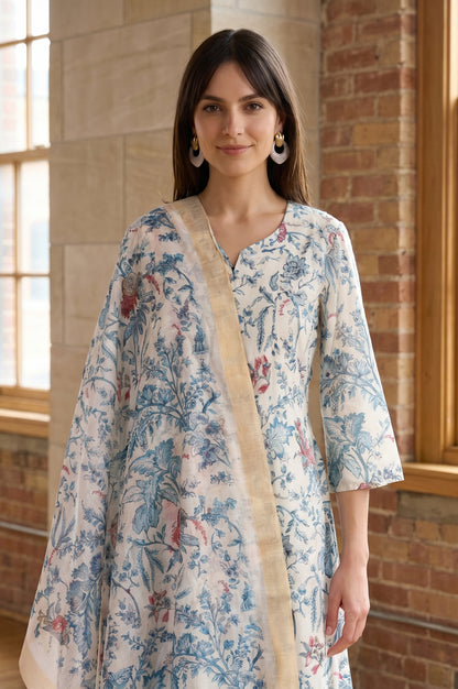 Off White Floral Printed Semi Sheer Dupatta