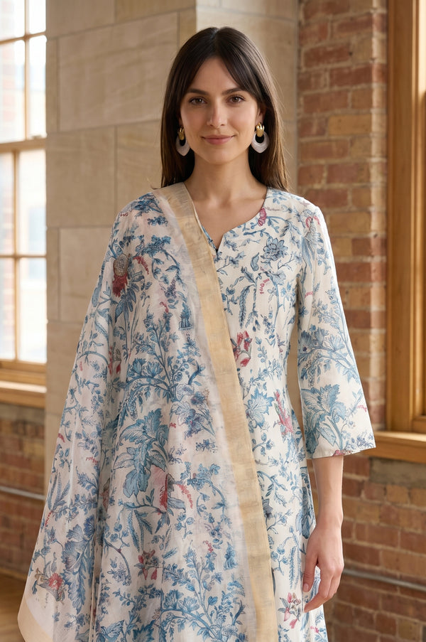 Off White Floral Printed Semi Sheer Dupatta