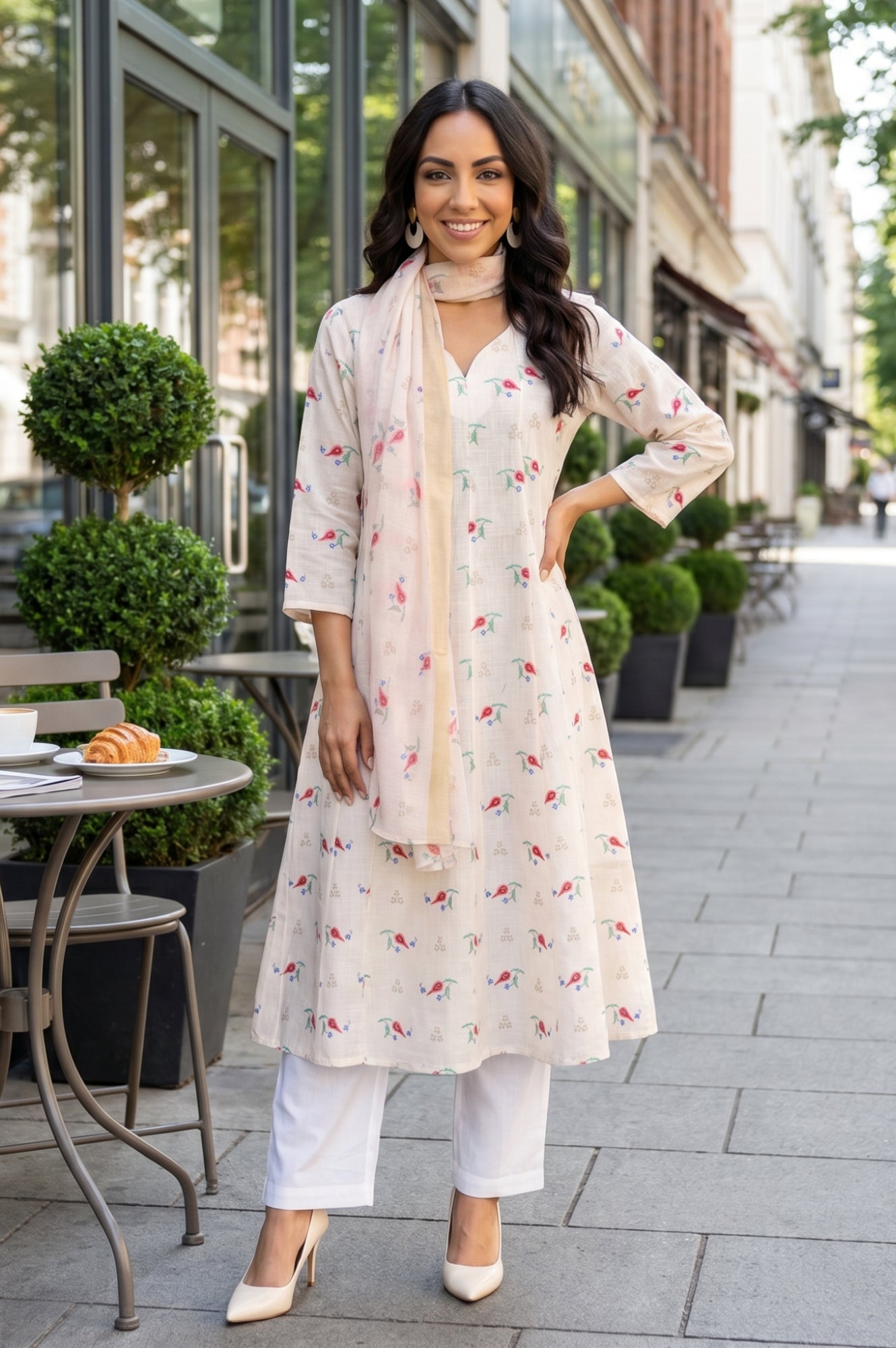 Off-White Floral Printed Semi Sheer Dupatta