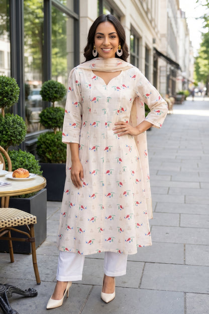 Off-White Floral Printed Semi Sheer Dupatta
