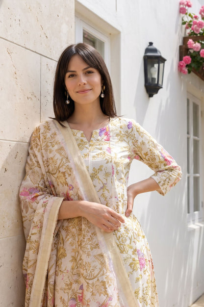 Cream Floral Printed Dupatta