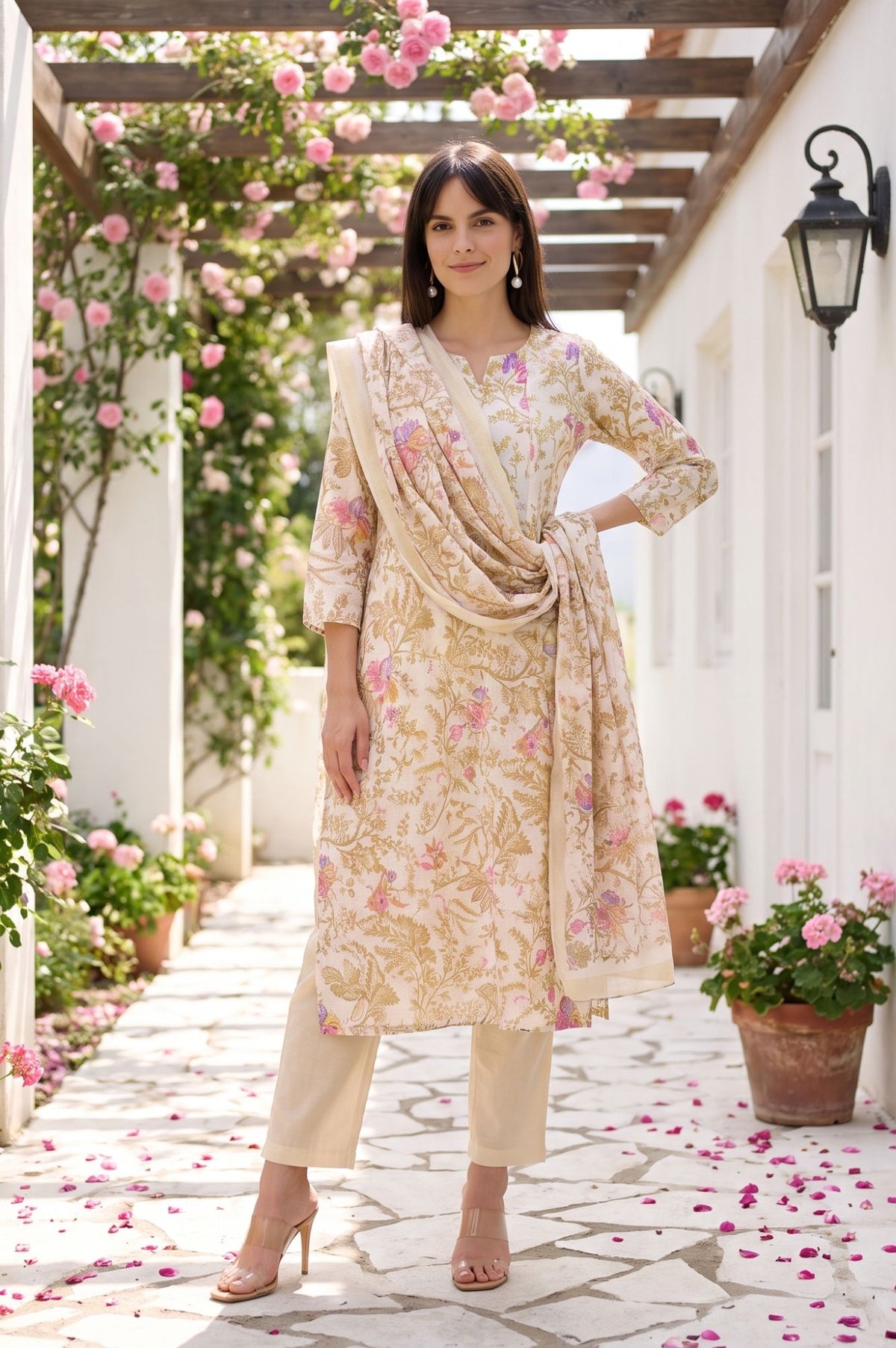 Cream Floral Printed Dupatta