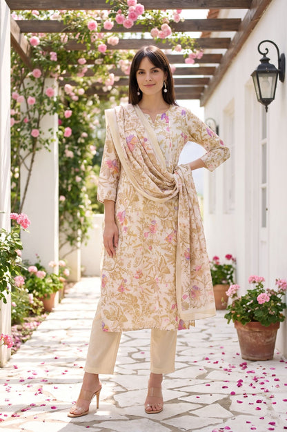 Cream Floral Printed Dupatta