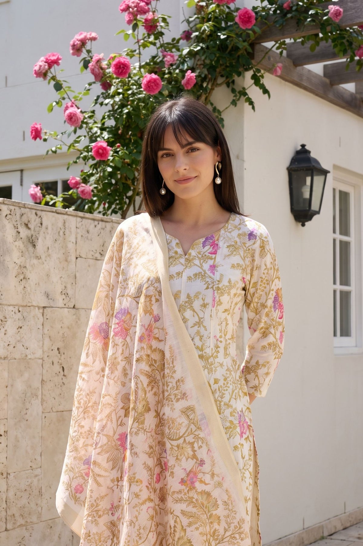 Cream Floral Printed Dupatta
