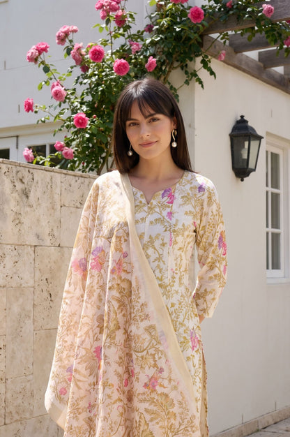 Cream Floral Printed Dupatta