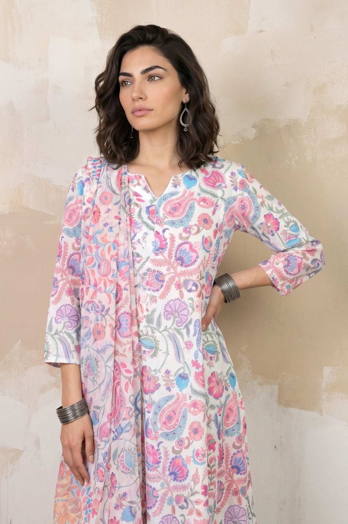 Off White Floral Printed Dupatta