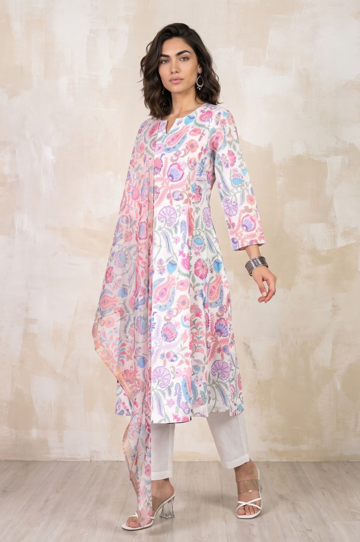 Off White Floral Printed Dupatta