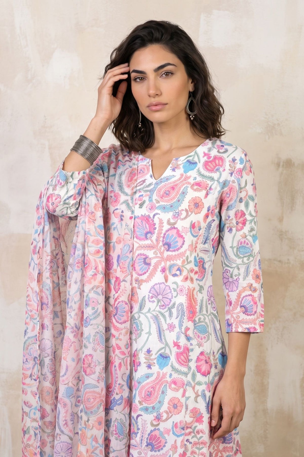 Off White Floral Printed Dupatta
