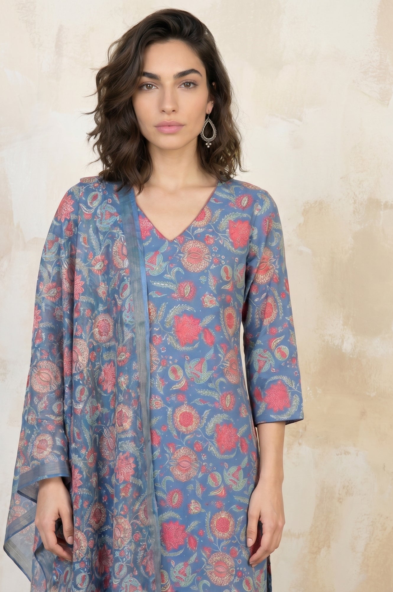 Blue Floral Printed Semi Sheer Dupatta