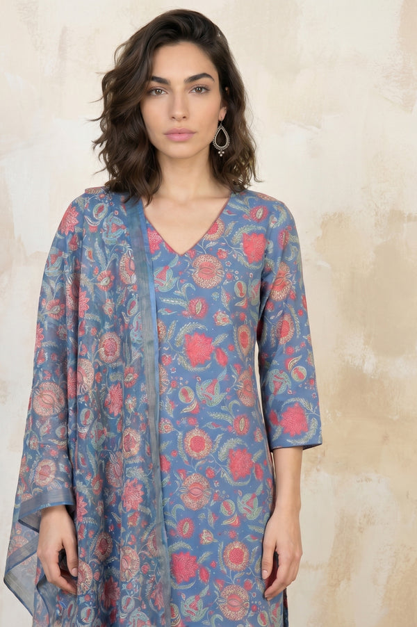 Blue Floral Printed Semi Sheer Dupatta