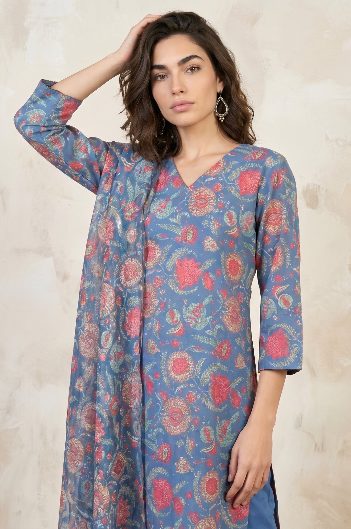 Blue Floral Printed Semi Sheer Dupatta