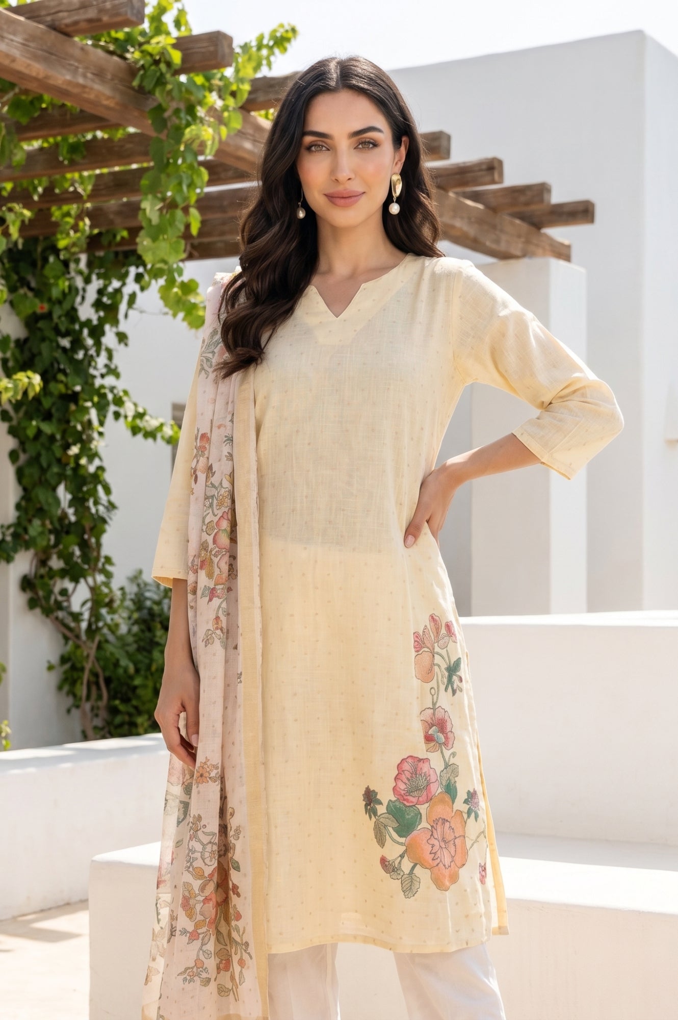 Off White Floral Printed Dupatta