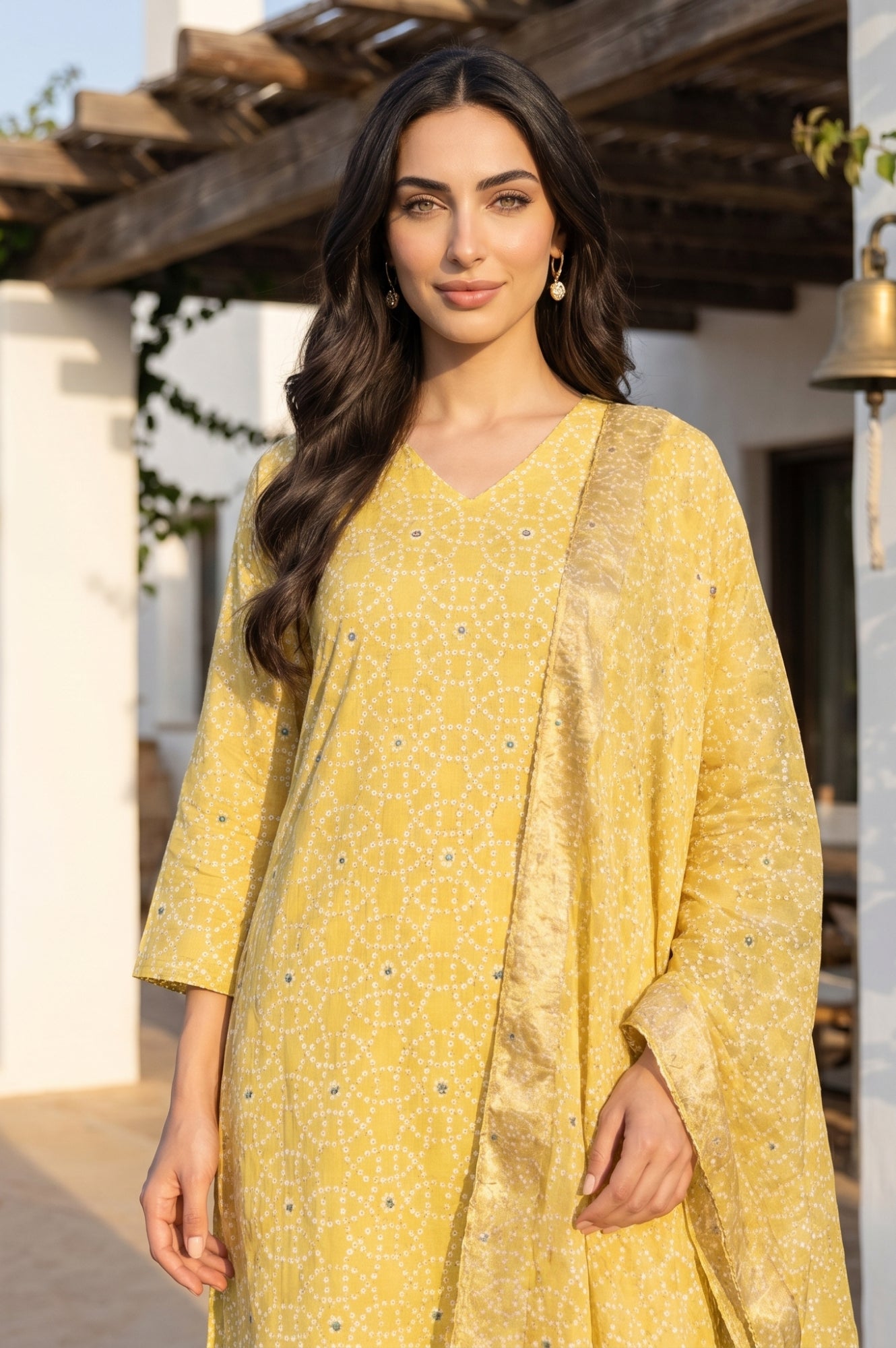 Yellow Geometric Printed Semi Sheer Dupatta