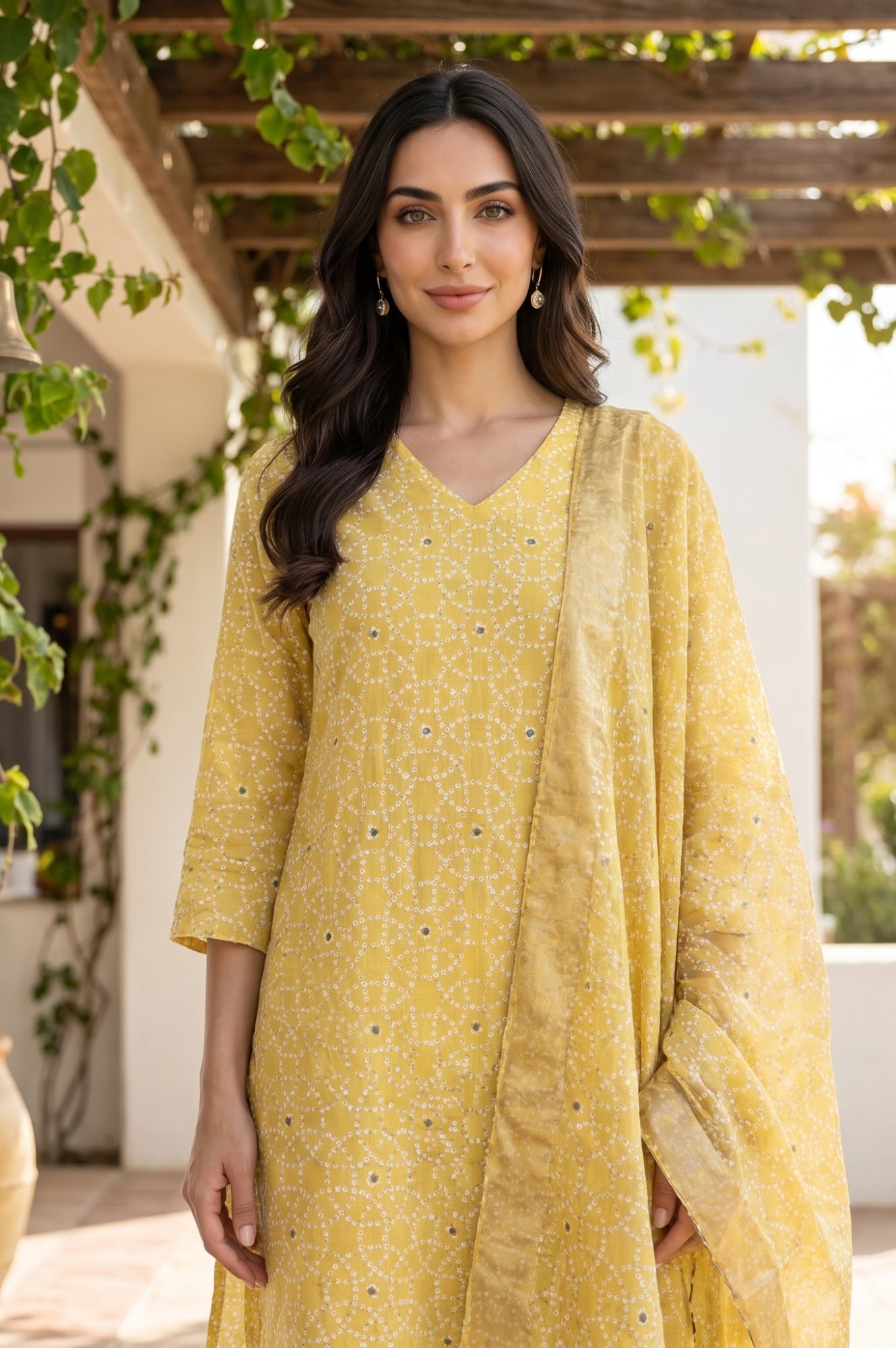 Yellow Geometric Printed Semi Sheer Dupatta