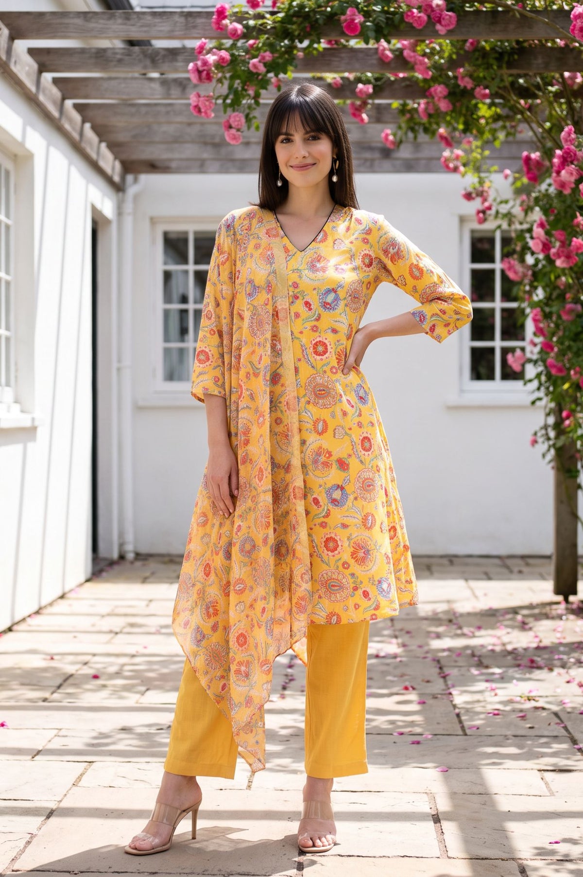 Mustard Floral Printed Dupatta