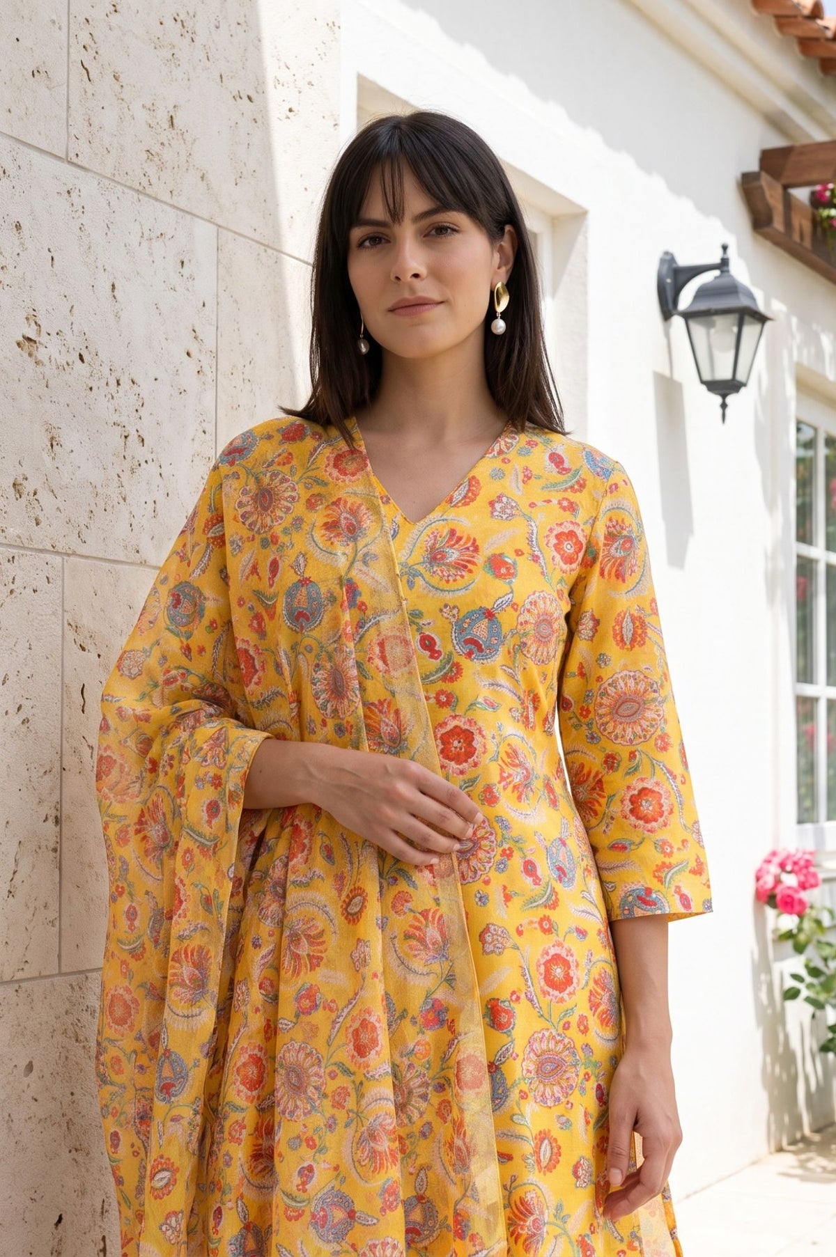 Mustard Floral Printed Dupatta