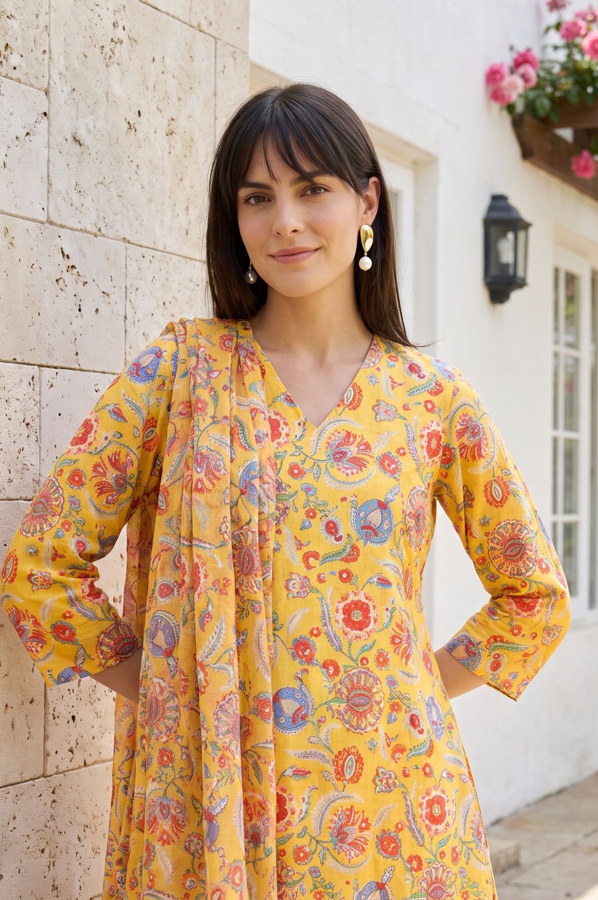 Mustard Floral Printed Dupatta