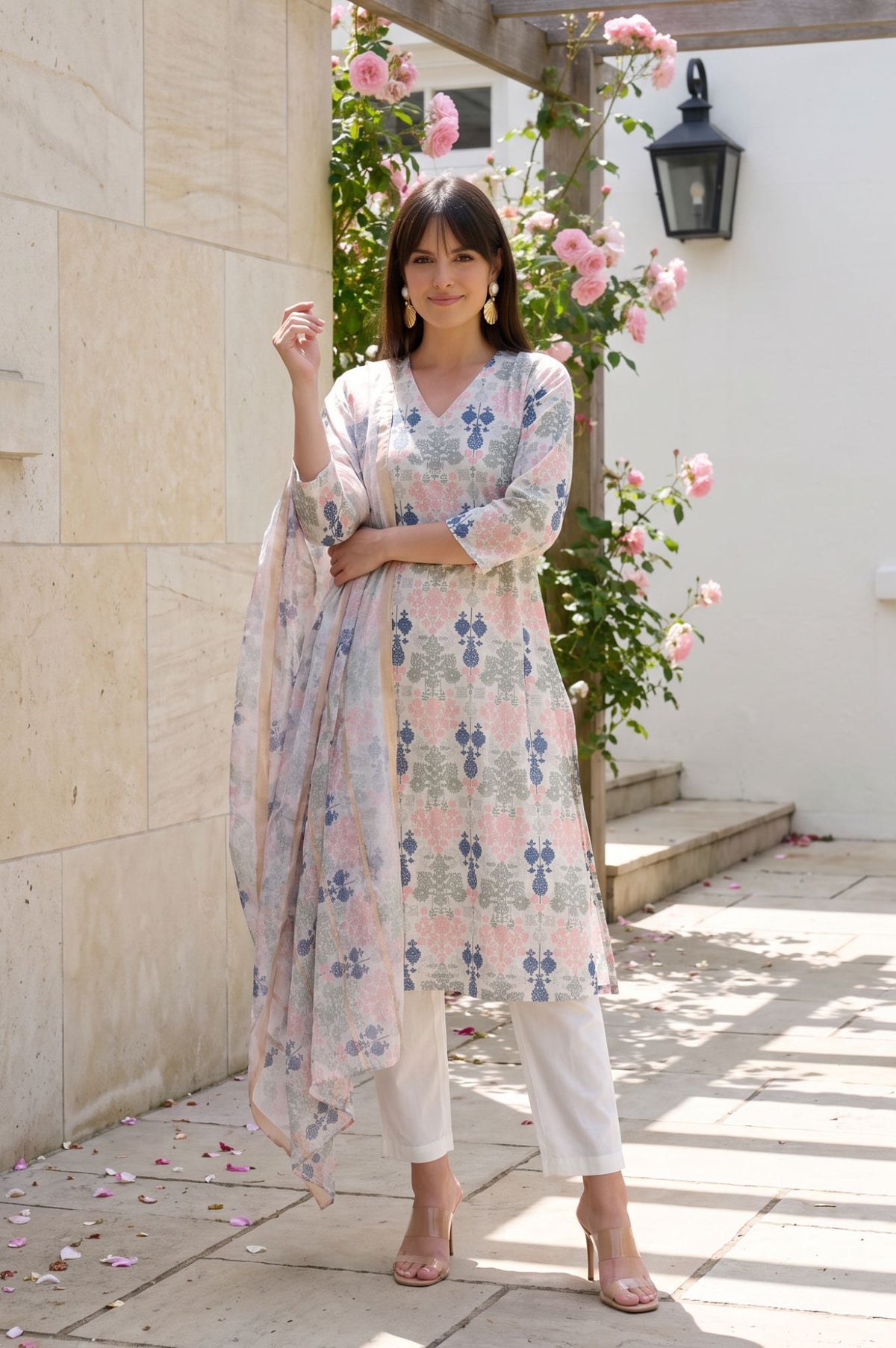 Off White Floral Printed Dupatta