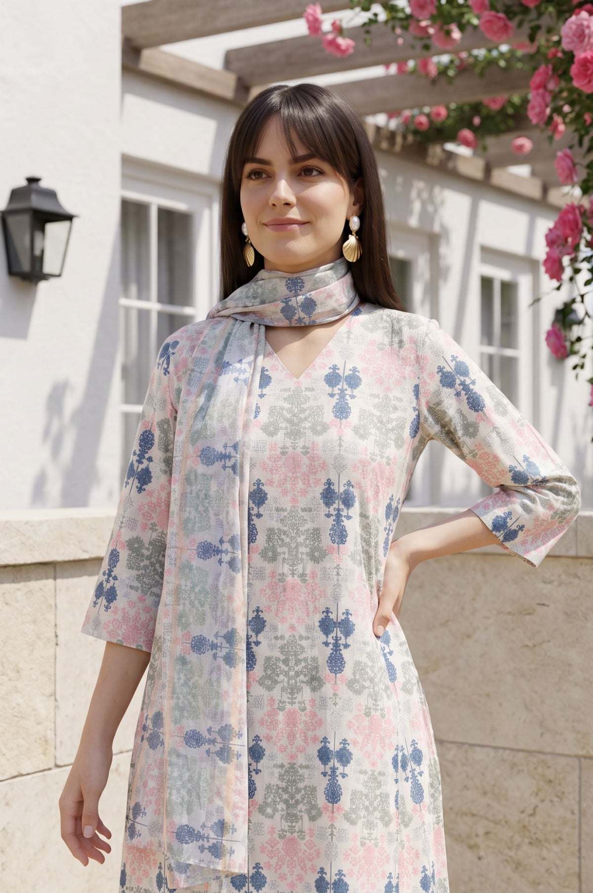 Off White Floral Printed Dupatta