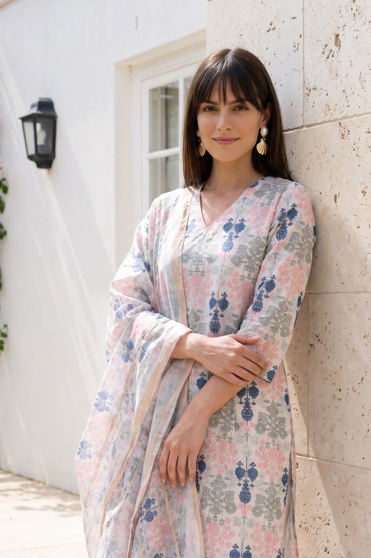 Off White Floral Printed Dupatta