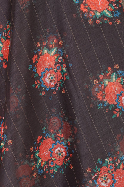Charcoal Floral Printed Zari Woven Semi Sheer Dupatta