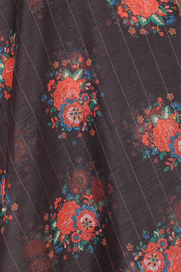 Charcoal Floral Printed Zari Woven Semi Sheer Dupatta