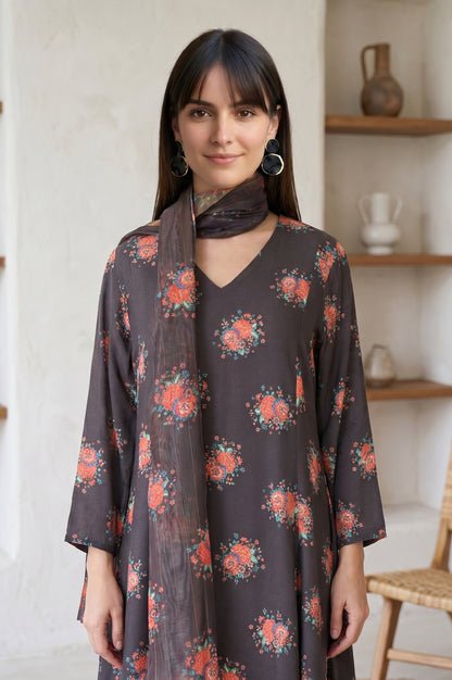 Charcoal Floral Printed Zari Woven Semi Sheer Dupatta