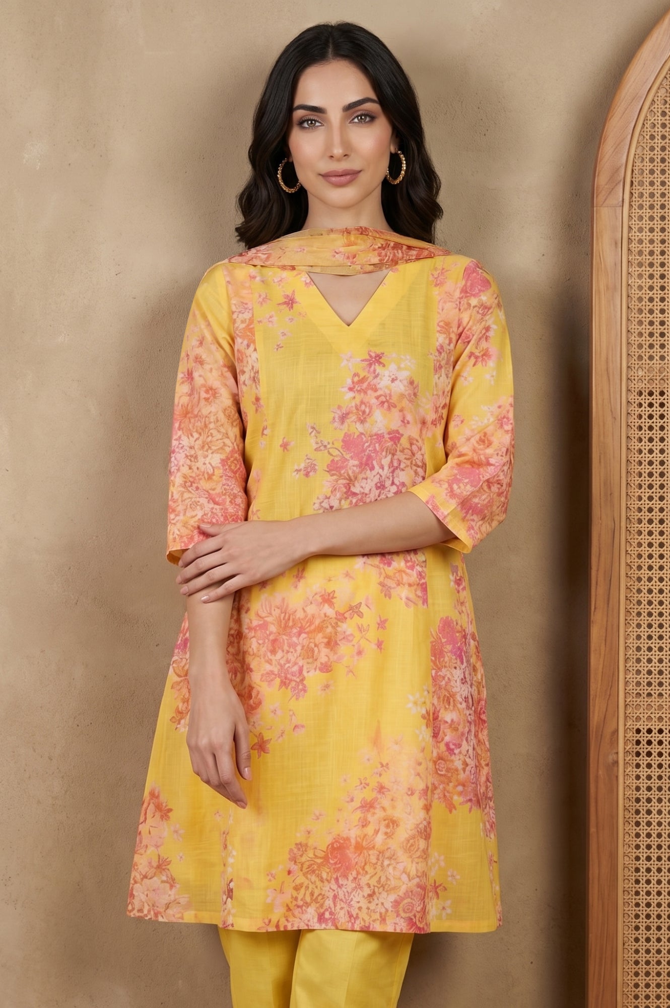 Yellow Floral Printed Dupatta