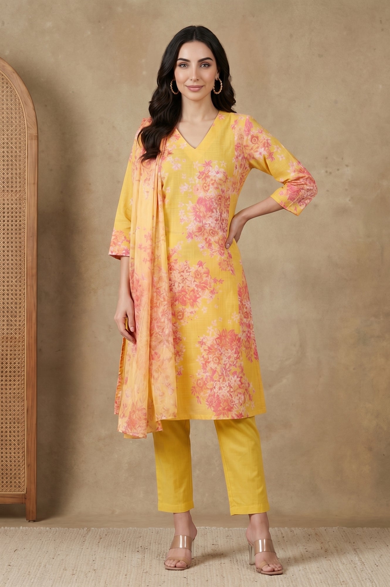 Yellow Floral Printed Dupatta