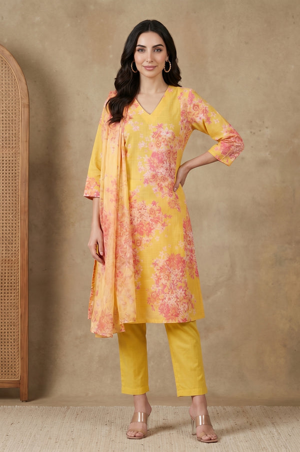 Yellow Floral Printed Dupatta