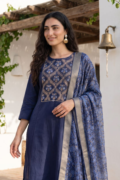 Navy Blue Zari Floral Printed Dupatta