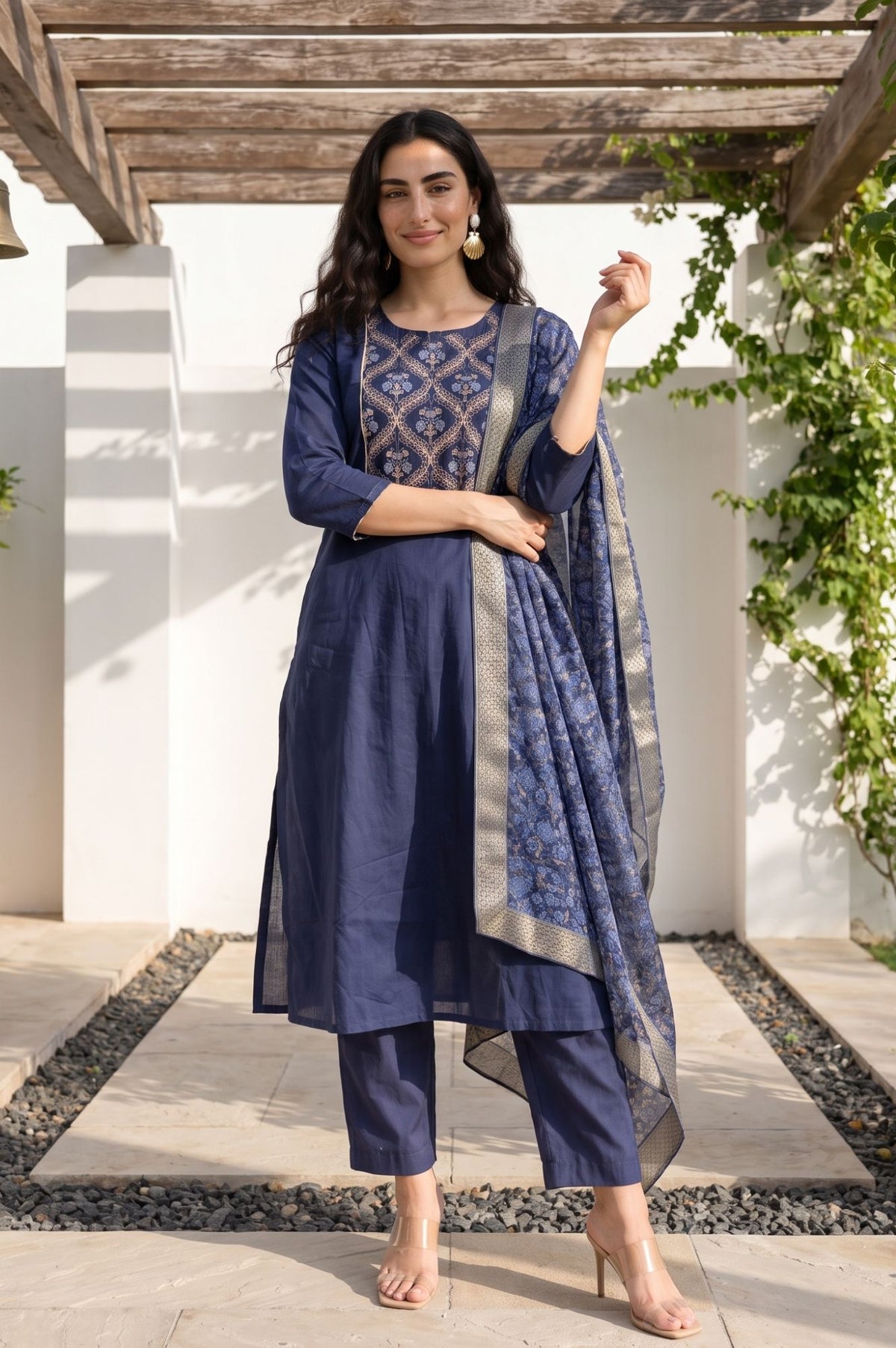 Navy Blue Zari Floral Printed Dupatta