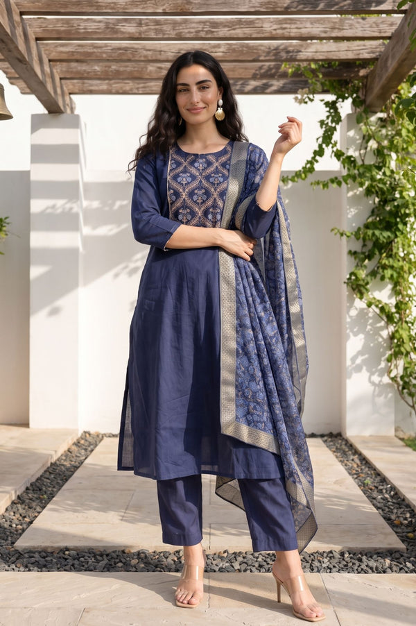 Navy Blue Zari Floral Printed Dupatta
