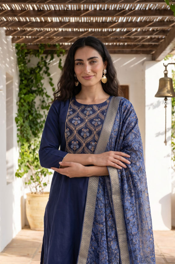 Navy Blue Zari Floral Printed Dupatta