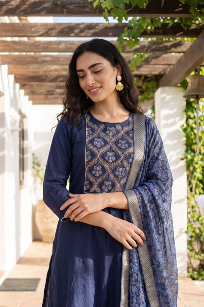 Navy Blue Zari Floral Printed Dupatta