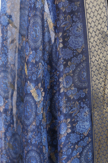 Navy Blue Zari Floral Printed Dupatta