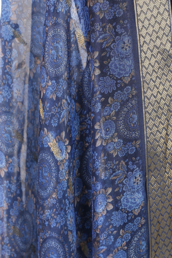 Navy Blue Zari Floral Printed Dupatta