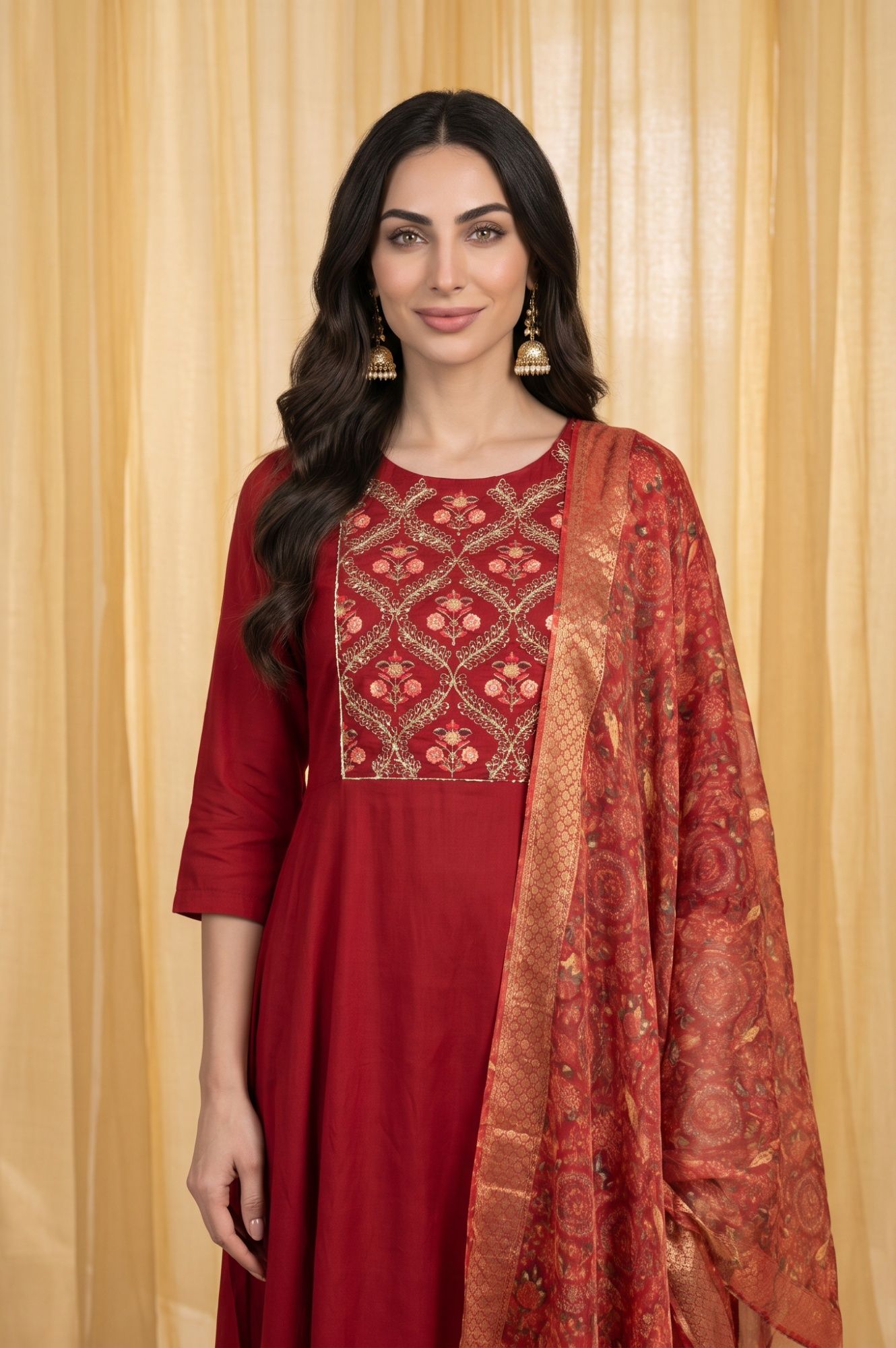 Maroon Zari Paisley Printed Dupatta