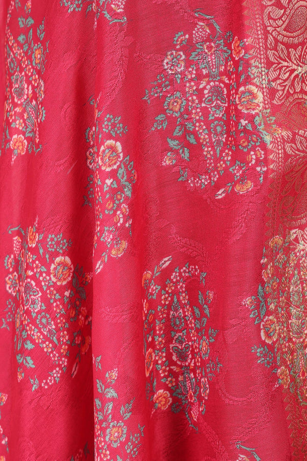 Pink Floral Printed Zari Jacquard Dupatta